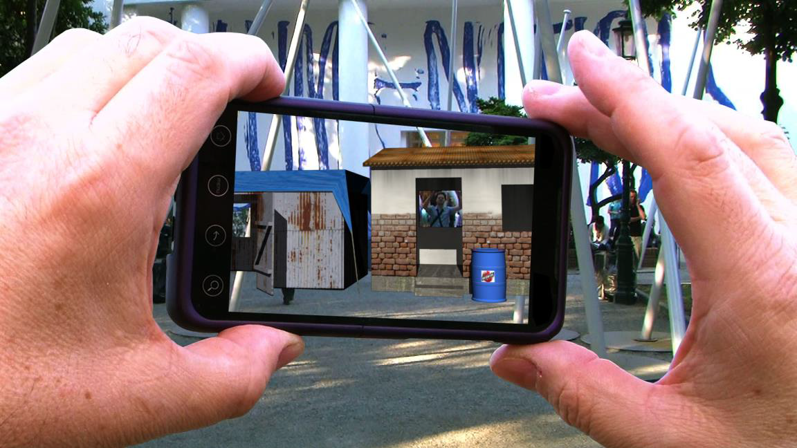 Figure 2. John Craig Freeman, Water wARs viewed through smart phone at the Giardini, 2011. Reproduced with permission from the artist.